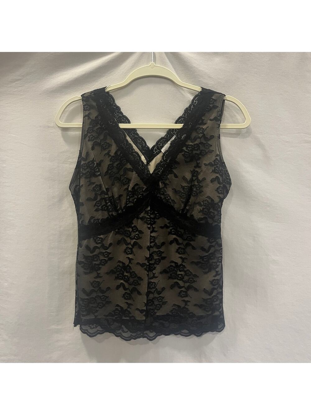 Worthington Lace Burnout Black Top Womens Medium V Neck Sexy Tank Dark Romantic